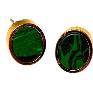 Green Faux Malachite Stud Earrings – Gold Plated Oval Stone Bezel Jewelry Gift